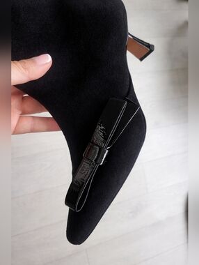 Black Suede Pointed Toe Ankle Boots with Bow Detail